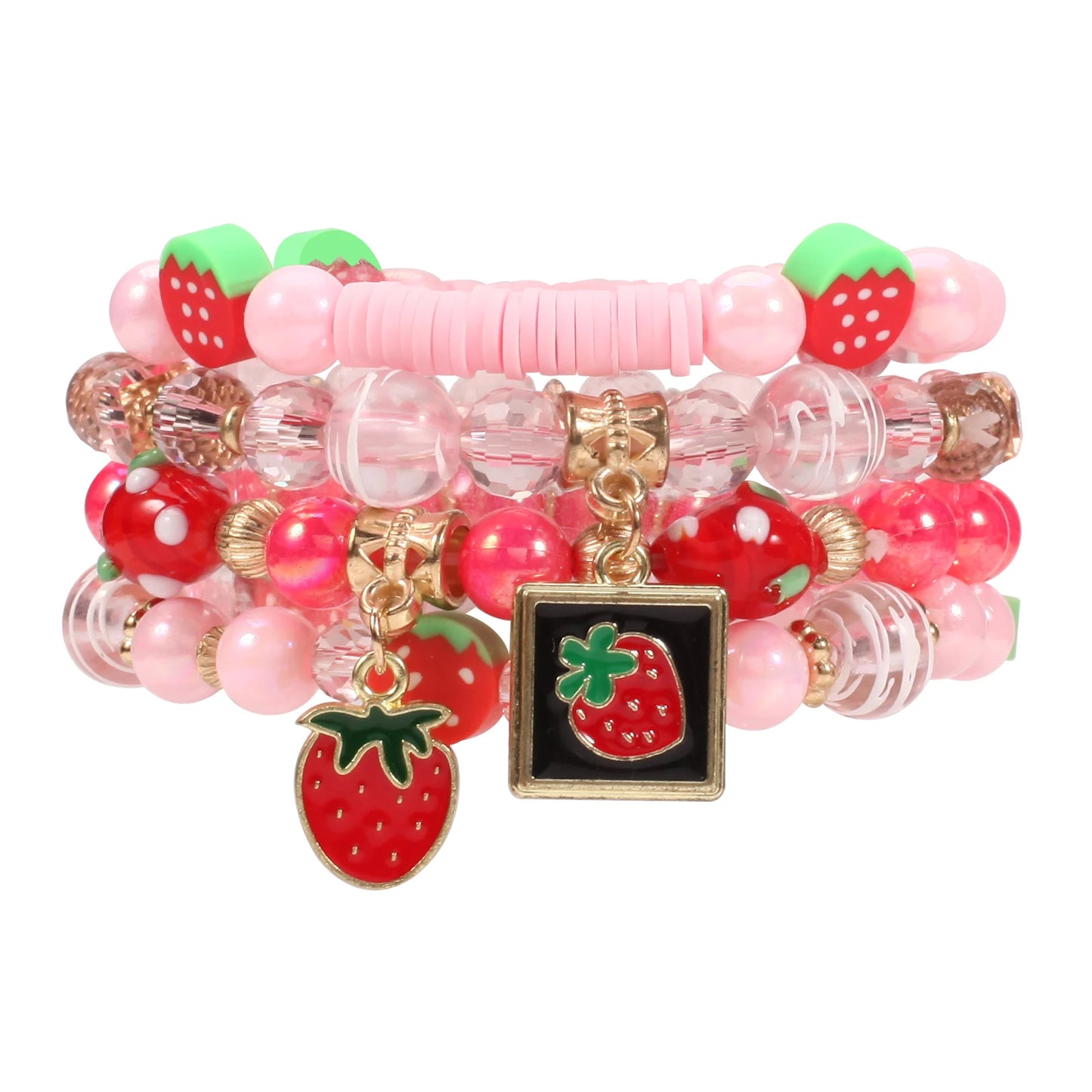 Strawberry Pendant Pink Beads Multilayer Stretch Bracelet