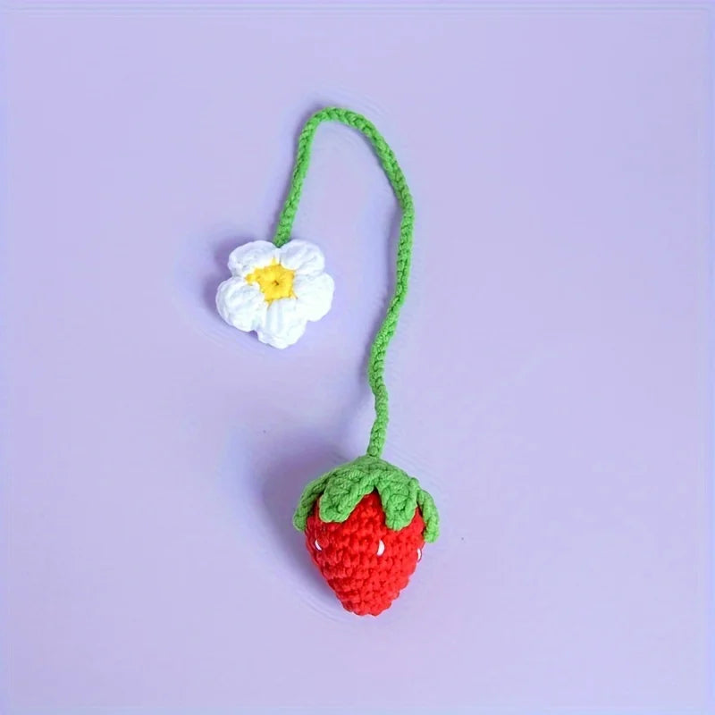 Kawaii Crochet Strawberry Pendant | Car Mirror & Bag Charm