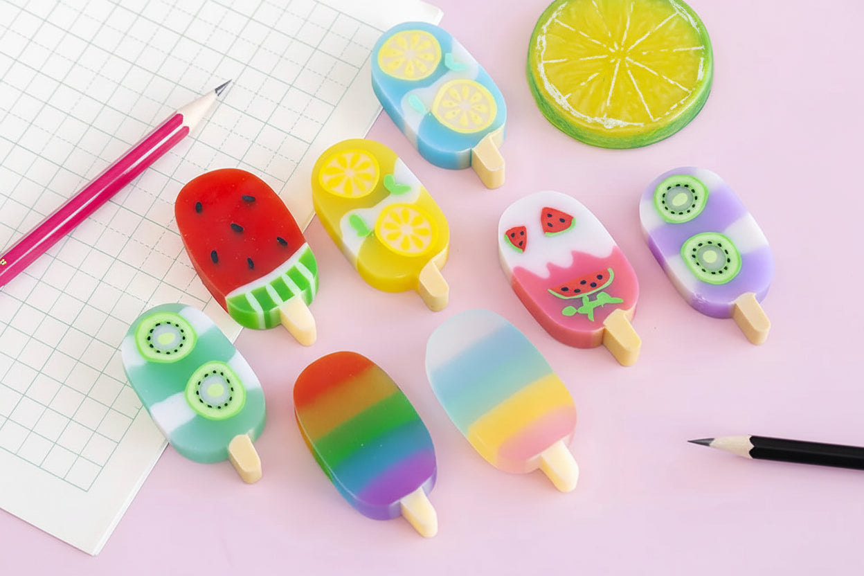 Close up of kawaii ice cream and fruit shaped erasers spread on a desk"