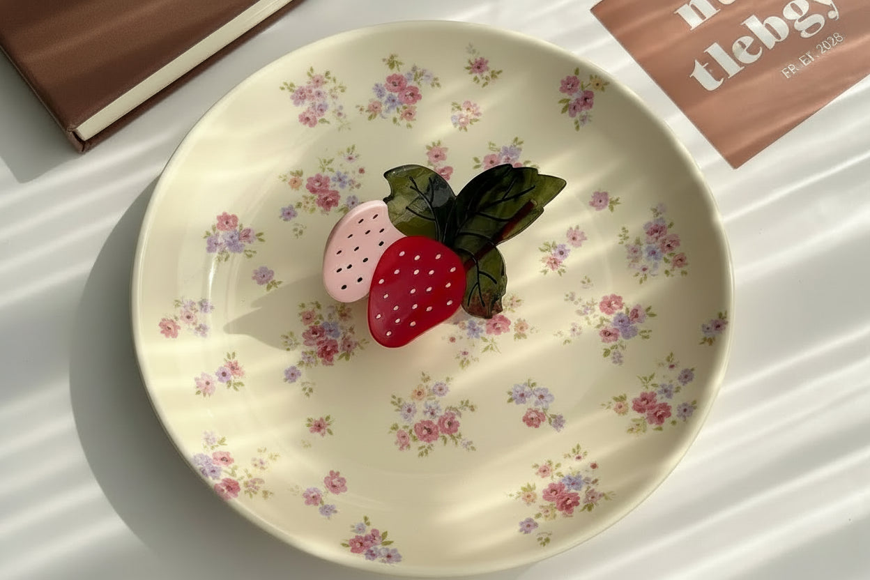 strawberry hair clip on a ditsy floral cream plate