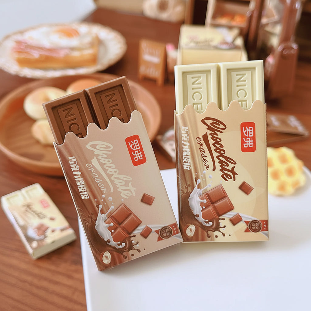 Chocolate bars with packaging hand on a desk with blurred background