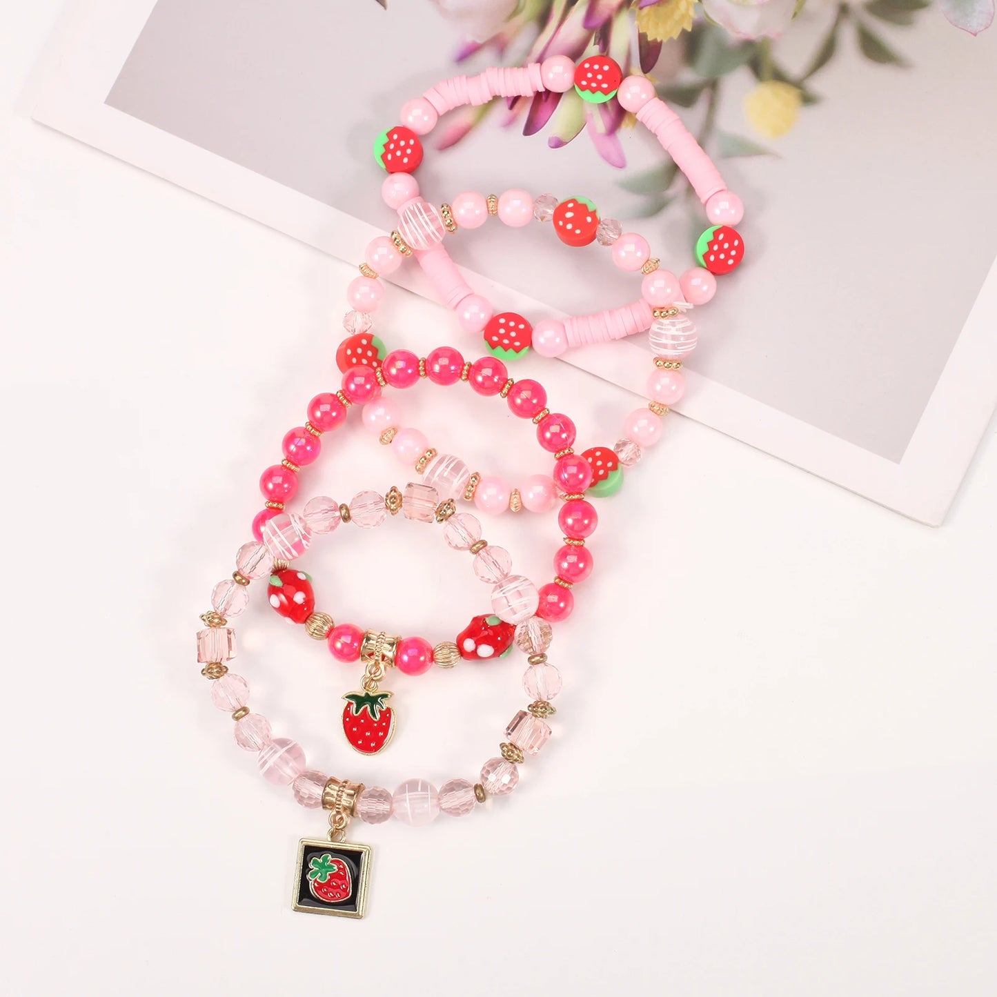 Strawberry Pendant Pink Beads Multilayer Stretch Bracelet
