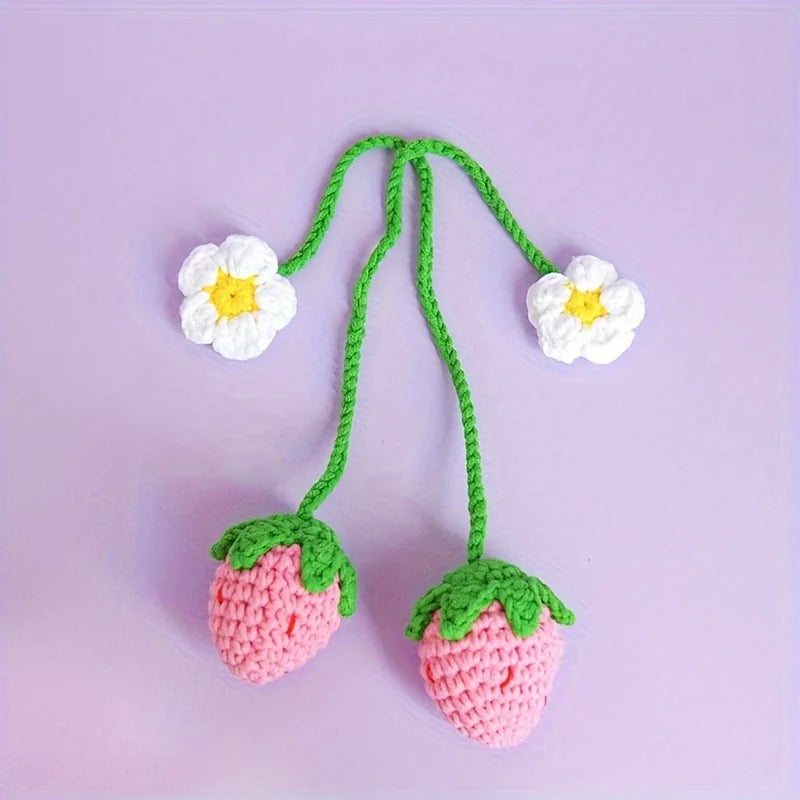 Kawaii Crochet Strawberry Pendant | Car Mirror & Bag Charm