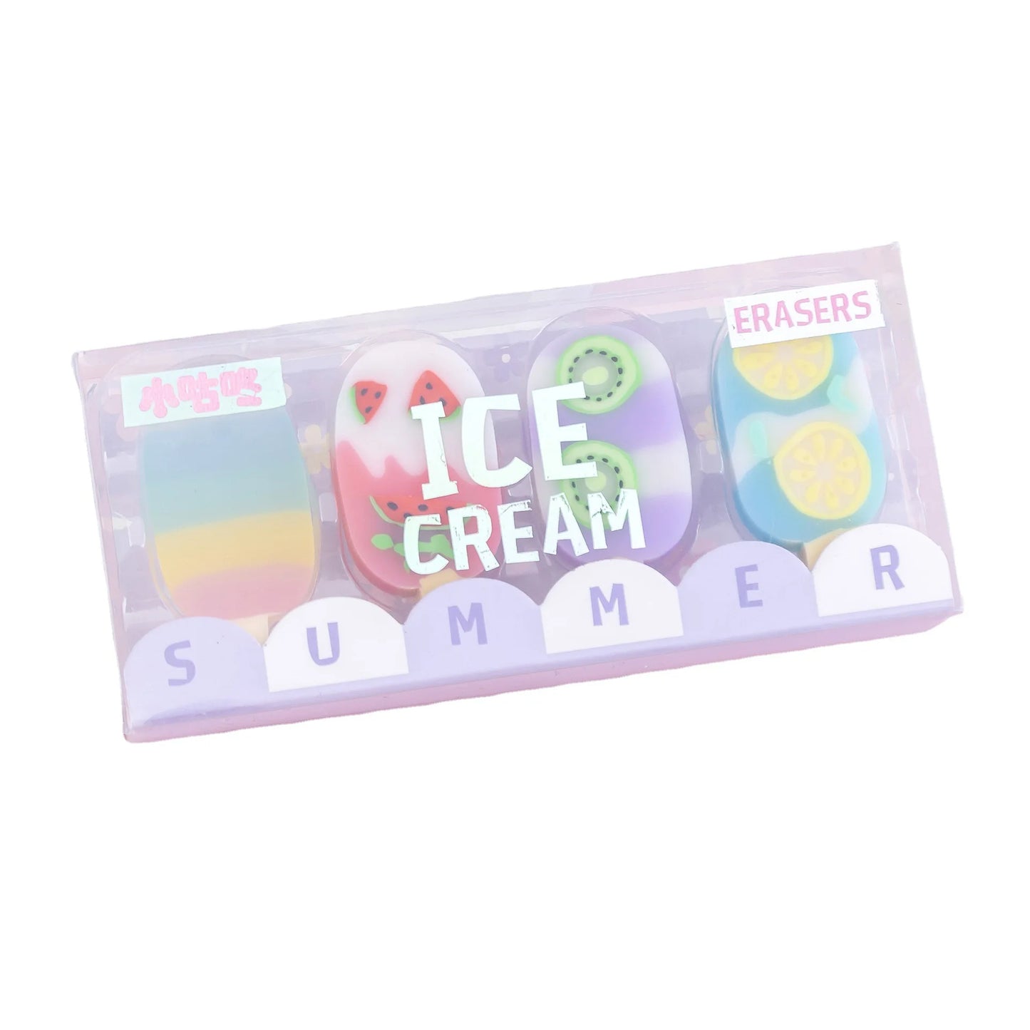 Kawaii ice cream and fruit erasers in plastic packaging"

