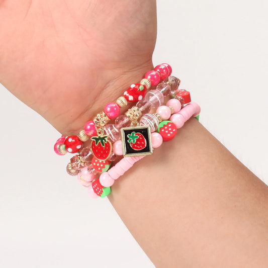 Strawberry Pendant Pink Beads Multilayer Stretch Bracelet