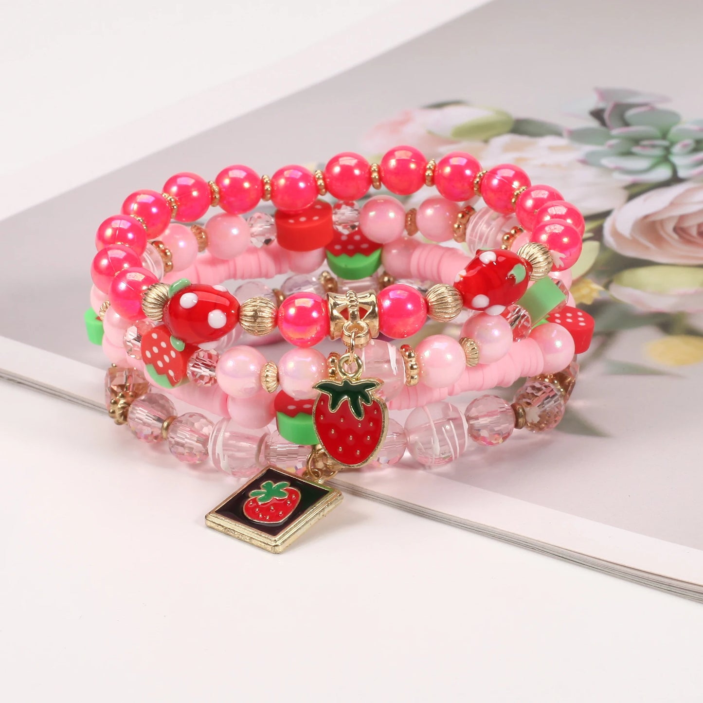Strawberry Pendant Pink Beads Multilayer Stretch Bracelet