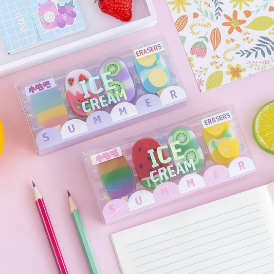 Kawaii ice cream and fruit eraser surprise sets displayed on a cute desk flatlay"