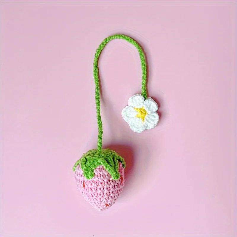 Kawaii Crochet Strawberry Pendant | Car Mirror & Bag Charm