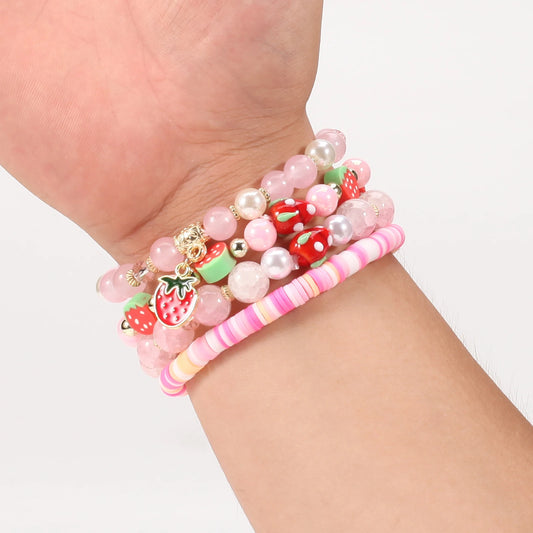 Strawberry Pendant Pink Beads Multilayer Stretch Bracelet