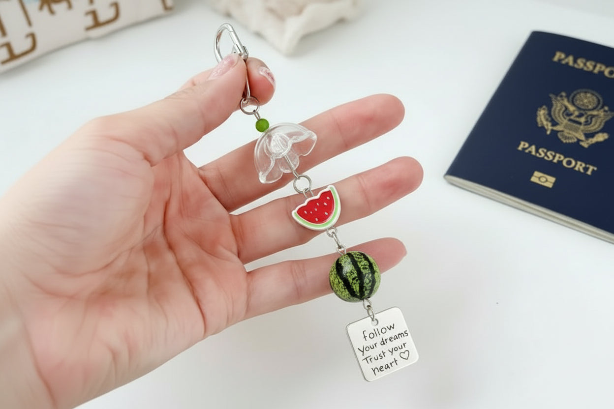 Hand holdingkeyring with passport and makeup bag on table 